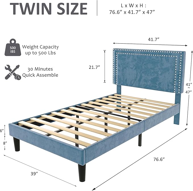 VECELO Twin Size Platform Bed Frame with Adjustable Upholstered Headboard, Modern Mattress Foundation, Strong Wood Slat Support, No Box Spring Needed, Easy Assembly