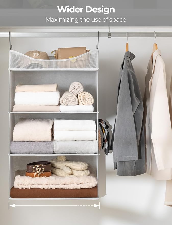 StorageWorks Hanging Closet Organizer, 3-Shelf Hanging Closet Shelves with Top Shelf, 19 ¾"W x 12" D x 31" H, Extra-Large Space, Light Grey