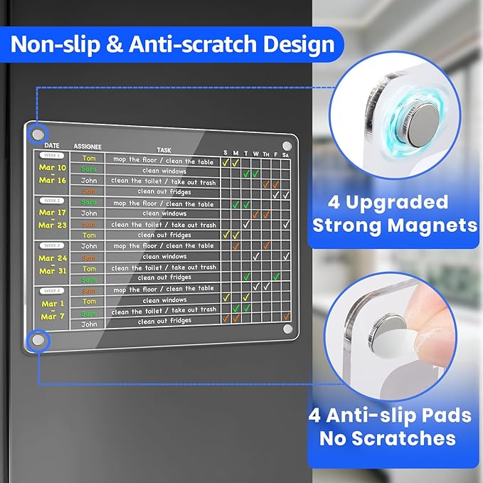 PigPotParty Acrylic Magnetic Monthly Chore Chart for Multiple Kids Roommates – 12"x9.5" Rotating Weekly Task Board for Kids Students Families, Clear Dry Erase Fridge Chart, w/ 8 Markers & 1 Towel