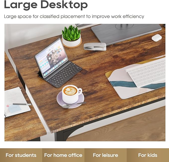 PayLessHere | 39 Inch Computer Desk | Brown | Office Desk with Metal Frame, Adjustable Feet | Water-Resistant, Scratchproof Surface | Sturdy Writing Table for Home Office or Study | Pack of 2