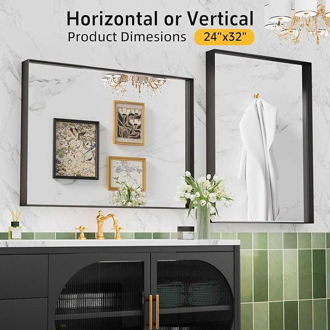 32”x 24” Black Bathroom Mirrors for Over Sink, Rectangle Mirror, Modern Farmhouse Decor, Metal Framed, Tempered Glass, Vanity Mirrors for Wall Mounted (Horizontal/Vertical)