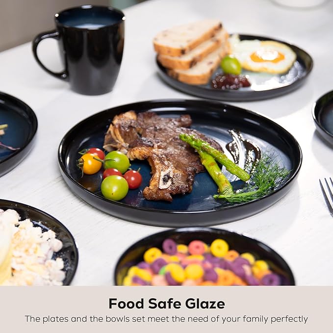 Romswi Ceramic 18Pcs Dinnerware Sets,Stoneware Plates and Bowls Set for 6, Chip & Scratch Resistant Dish Set, Handmade Reactive Glaze, Oven, Microwave & Dishwasher Safe, Dreamy Moonlight-Blue