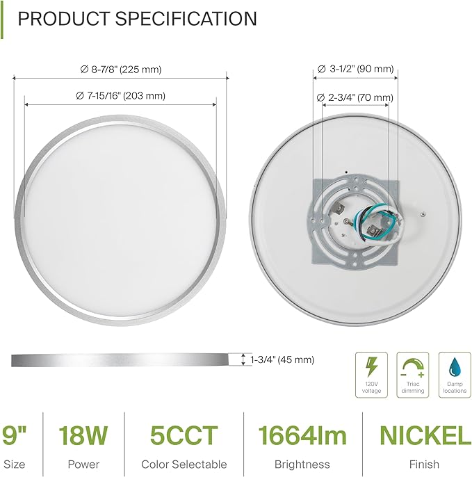 ASD LED 9" Round Flush Mount Ceiling Light Fixture, Low Profile Surface Lighting | 5CCT, Dimmable, Ultra-Thin, ETL Listed | 18W 1660LM 2700-6000K 120V | Kitchen, Hallway Lamp | Nickel, 12 Pack