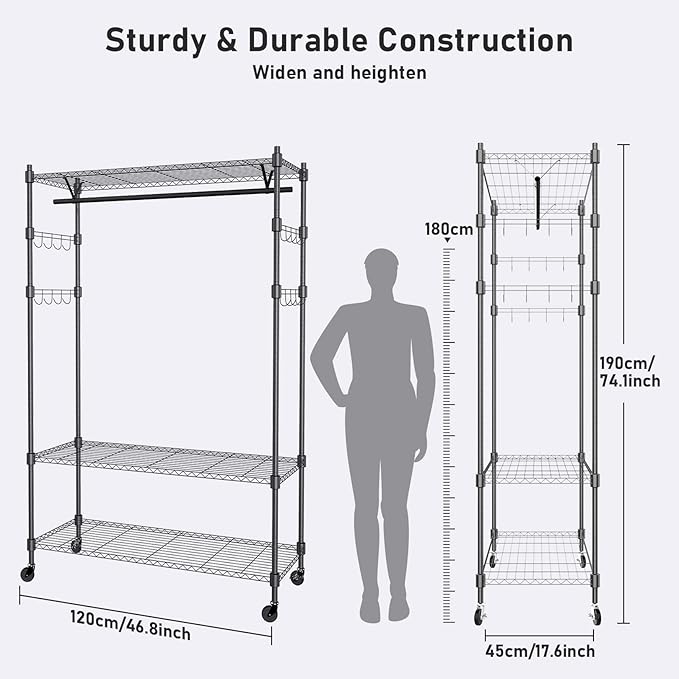 Heavy Duty Clothes Rack, Adjustable Rolling Garment Rack with Shelves, Freestanding Wardrobe Rack 1 Clothes Hanging Bar, 3 tired Wire Shelving, 4 Hanger Hooks - Hold Up to 400Lbs (Black, 1Rod 4Hook)