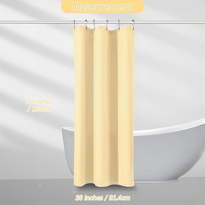 Beige Stall Fabric Shower Curtain - Water Repellent Waffle Textured 256GSM Heavy Duty Cream Shower Curtains for Bath Tubs, Narrow Hotel Quality Ivory Bath Curtain Set with 6 Hooks, 36Wx72H