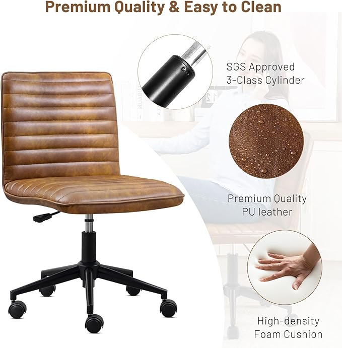 Furniliving Leather Office Chair with Wheels Armless Vanity Desk Chair 360° Swivel Computer Rolling Chair with Mid Back, Height Adjustable Accent Chairs with Gold Metal Base Stool, PU YellowBrown