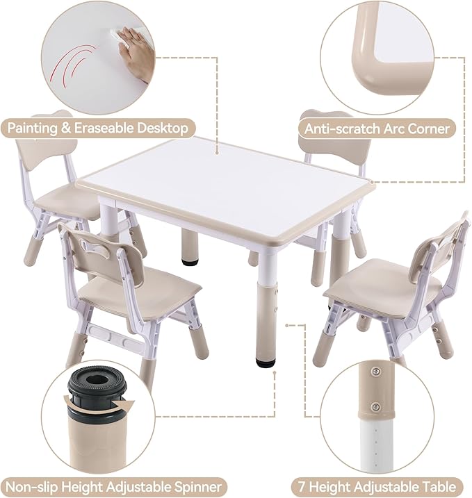 Height-Adjustable Kids Table and 4 Chairs Set, Toddler Table and Chair Set with Graffiti Desktop, 31.5''L x 23.6''W Children Activity Table for Daycare, Classroom, Home