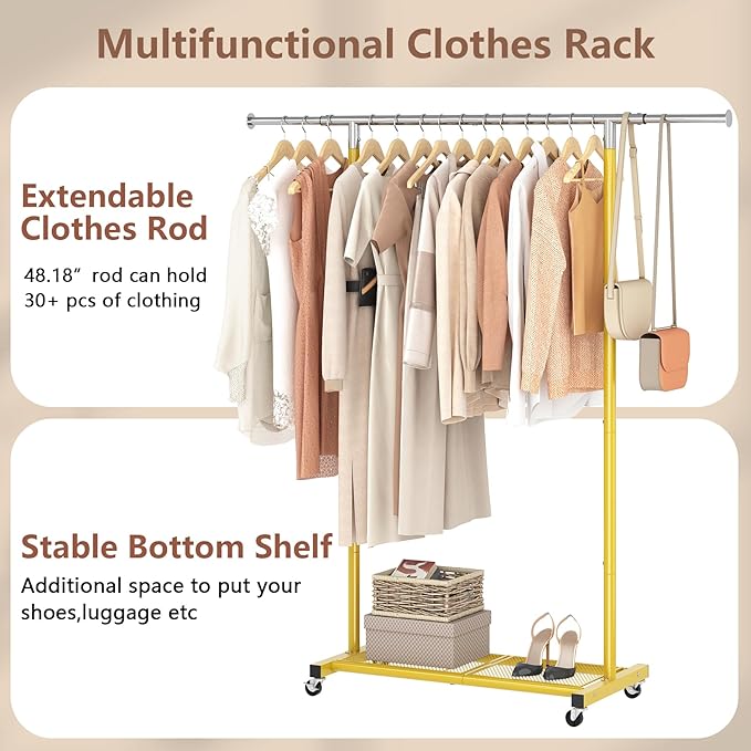 JIUYOTREE Rolling Clothes Rack with Dense Mesh Storage Shelf Clothing Garment Rack with Wheels Width Adjustable Clothing Organizer for Hanging Clothes Shirts Pants Skirts and Bags Gold