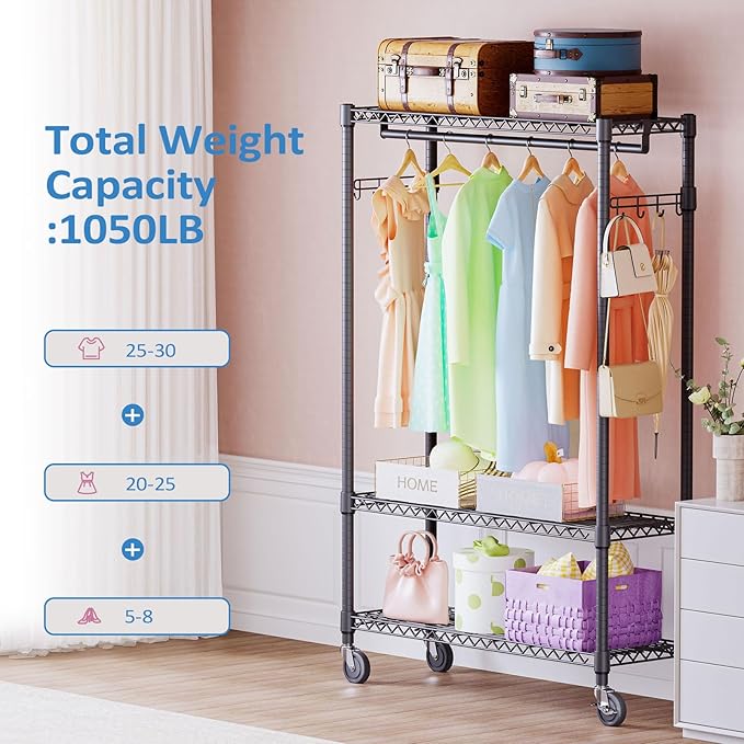 IZEUK Rolling Clothes Rack Heavy Duty, 3-Tier Garment Rack on Wheels for Hanging Clothes with 1 Rod, Metal Freestanding Adjustable Wardrobe Closet Organizer, 45.3" W x 15.7" D x 75.6" H, Black