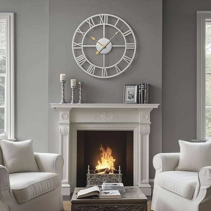 16 inch Wall Clock Silver, Modern Decorative Metal Clock Silent Non Ticking, Battery-Operated Round Clock Roman Numeral Analog for Living Room, Kitchen, Bedroom, Office, Home Decor