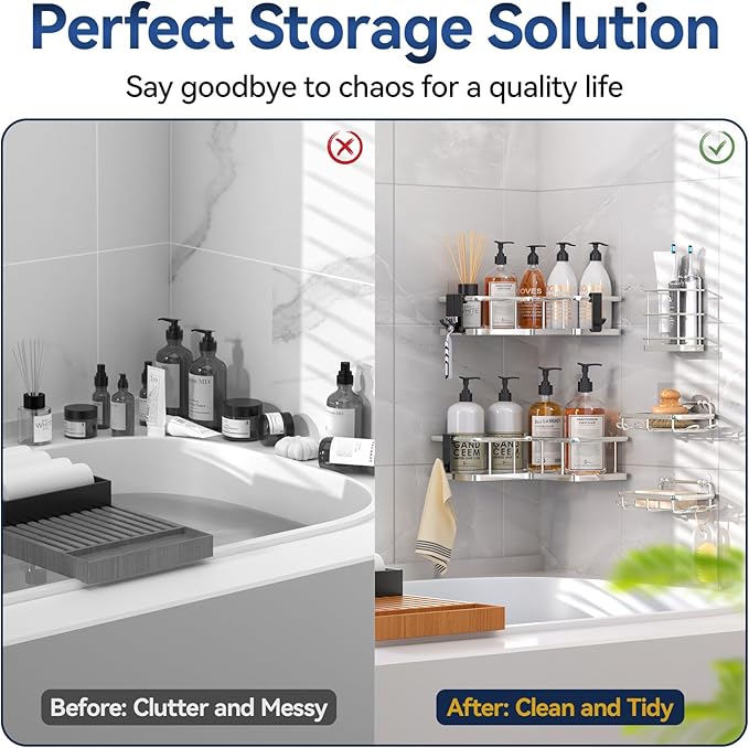 YASONIC Corner Shower Caddy Organizer, 5-Pack Self-Adhesive Rustproof Bath Shelves with Soap Holder & 4 Hooks, Large Capacity Shower Storage Rack for Bathroom Organization, Silver