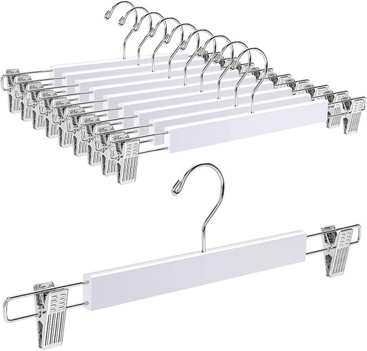 Amber Home 10 Pack 14.17" Solid White Wooden Pant Skirt Hangers, Bottom Hangers for Slacks Trousers Jeans with 2-Adjustable Anti-Rust Clips (White, 10 Pack)