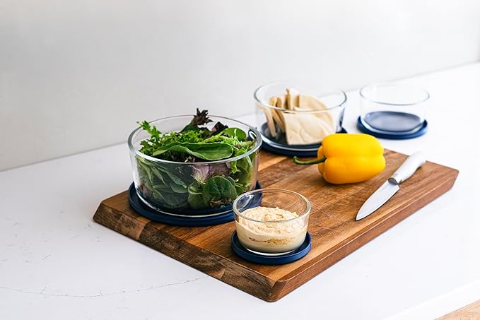 16-Piece Glass Food Storage Containers Set (8 Containers + 8 Lids) | Round, Nesting, Microwave & Dishwasher Safe | BPA-Free, Space-Saving | Blue Lids for Pantry & Kitchen Organization