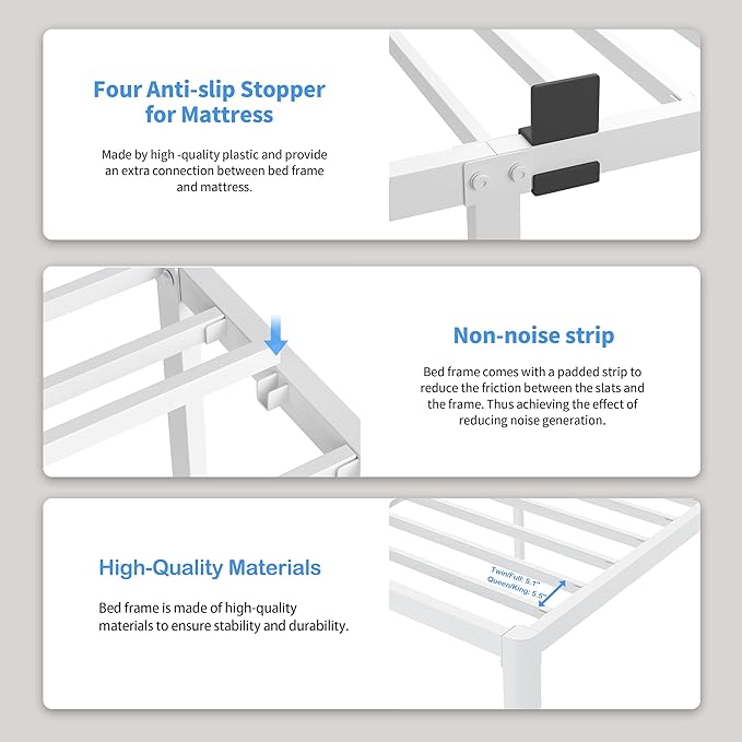 ROIL 18 Inch White California King Bed Frame with Rounded Corner and Headboard Hole Mattress Retainers 3500LBS Heavy Duty Steel Slats No Box Spring Needed Platform Noise-Free Easy Assembly