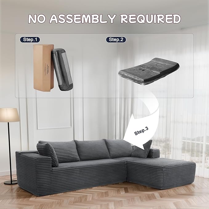 105" Cloud Sectional Couch with L-Shape Chaise,Modern Modular Sofa with Deep Seat, Fluffy Boneless Couches for Living Room Bedroom,No Assembly Required, Dark Gray (Plush Flannel Fabric)