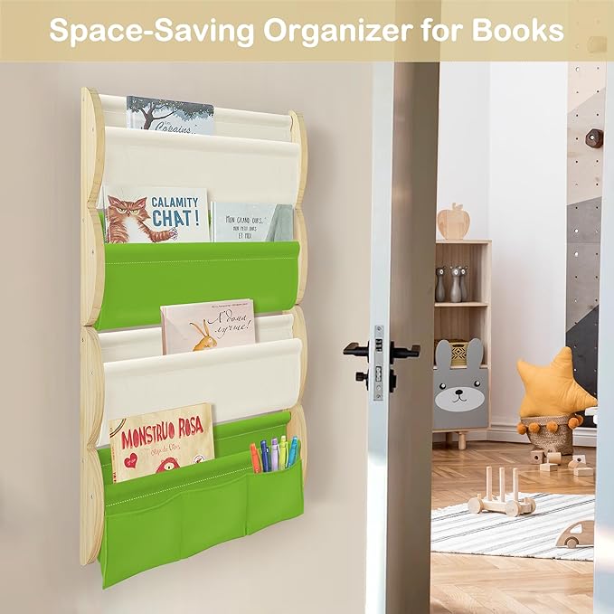 Wooden Wall Mounted Bookshelf for Kids Rooms, 4 Tier Floating Nursery Book Shelf, Kids Bookshelf with 2 Pockets, Toddler Sling Book Rack with Deep Sleeves (Green)
