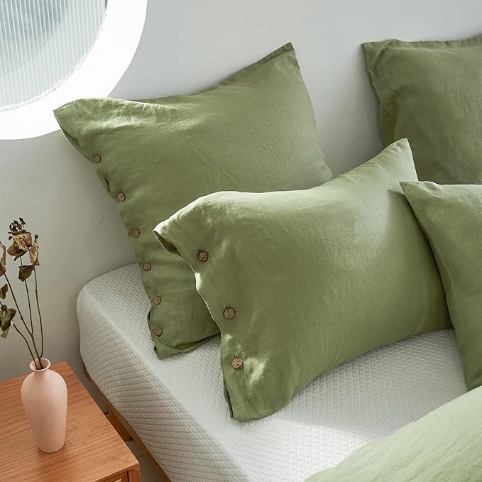 Simple&Opulence 100% Washed Linen Euro Sham Cover, 26 x 26 Inch, Decorative Bed Pillow Cover with Coconut Button, Solid Color Pillow Shams Set of 2 (Sage Green)