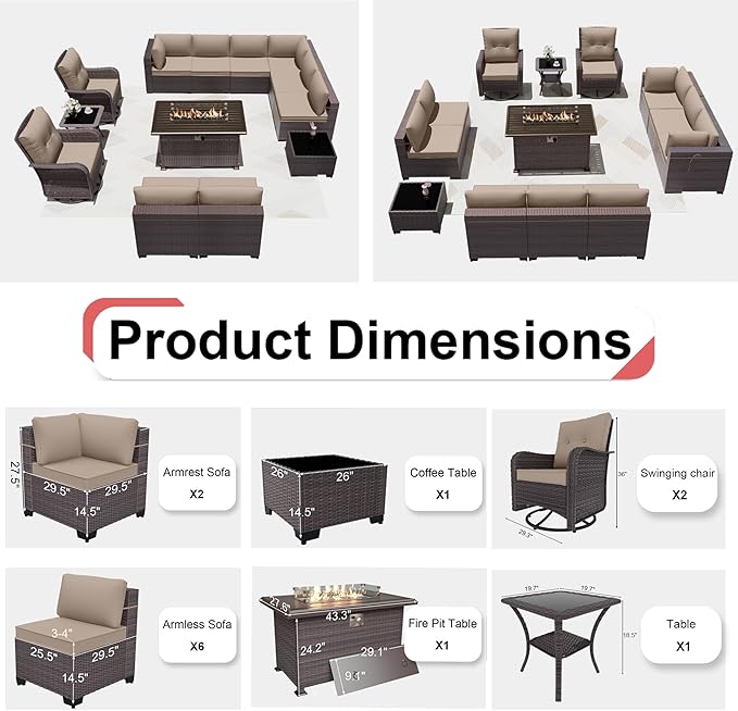 Kurapika 13 Pieces Patio Furniture Set, Rattan Wicker Outdoor Conversation Sets w/43in Propane Fire Pit Table, Swivel Rocking Chairs Patio Sectional Sofa w/4 Inch Cushion, Sand