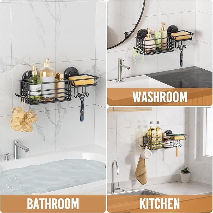 LEVERLOC Shower Caddy Suction Cup, Suction Caddy With Hooks and Soap Holder For Bathroom, No-Drilling Bathroom Shower Organizer, Black