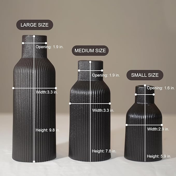 Black Ceramic Vases Set of 3, Black Ribbed Decorative Vases - Table Centerpieces for Wedding, Living Room, Office & Shelf Decor