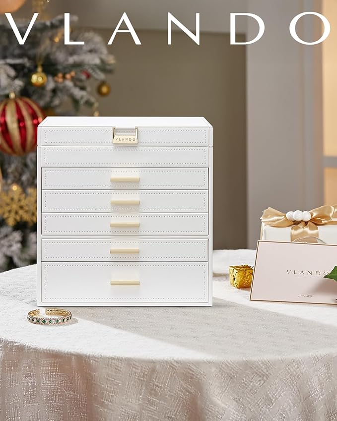 Vlando 6 Layer Large Jewelry Box - Jewelry Holder Organizer, Jewelry Box Organizer for Drawer Necklace Ring Bracelet and Watch, Birthday Gift for Loved Ones - White