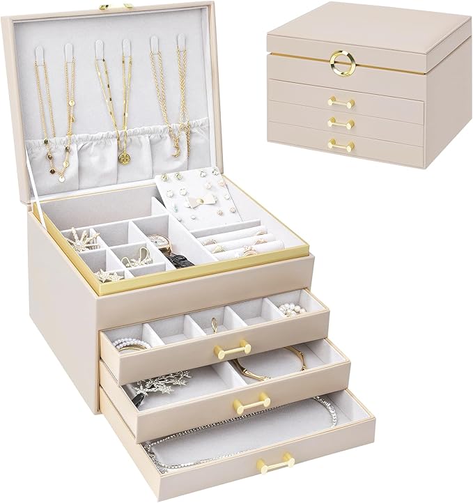 Jewelry Box Organizer for Women Girls, 4-Layer Large Jewelry boxes with 3 Drawers Jewelry Storage Case for Earrings Bracelets Necklaces
