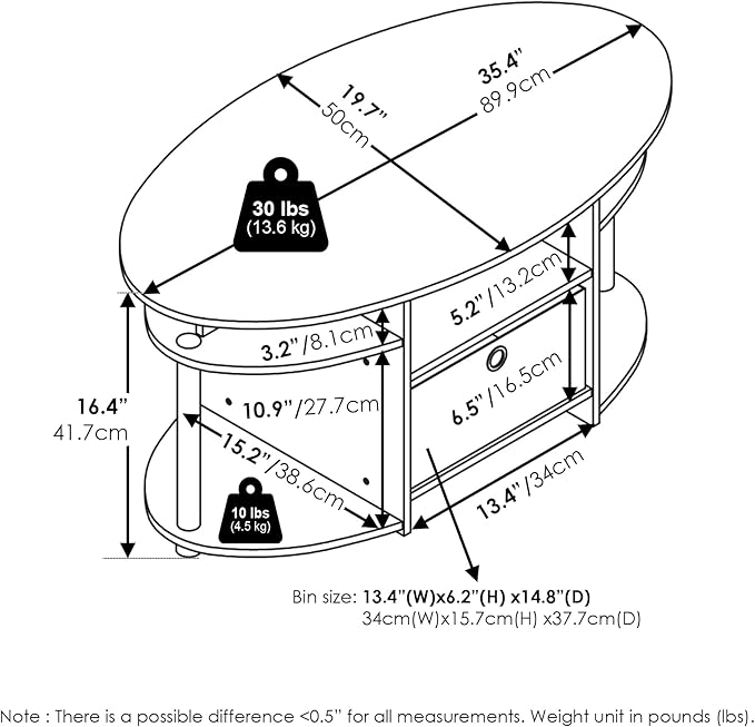 Furinno Jaya Simple Design Oval Coffee Table with Bin, White/White/Black