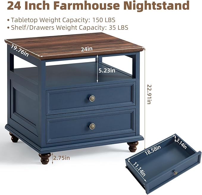 24" Wide Farmhouse Night Stand,Large End Table with 2 Drawers & Metal Handle,Wood Dresser for Bedroom, Blue Bed Side Table Chest of Drawers Cabinet,Nightstand for Living Room,Closet