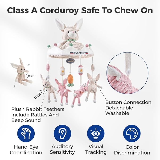 Evoceler Crib Mobile, Baby Mobile with 3 Modes Rotating Music Box, 35 Lullabies, Bluetooth, 128MB TF Card & Detachable Teether Bunnies, Quiet Rotating Motor, Sturdy 3-Point Installation, Nursery Decor