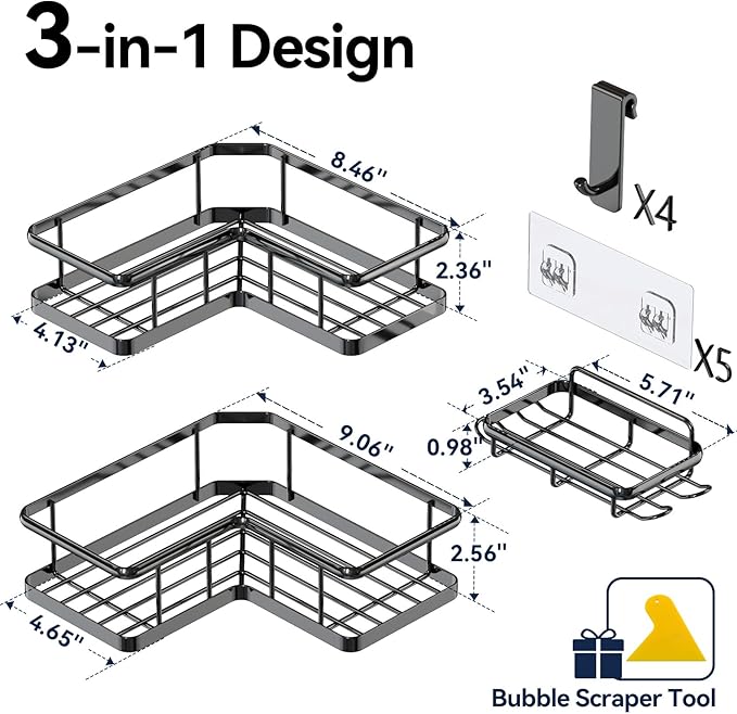 YASONIC Corner Shower Caddy Organizer, 3-Pack Adhesive Rustproof Stainless Steel Shower Shelves with Soap Holder, No Drilling Shower Storage Rack for Family Renters Bathroom, Black