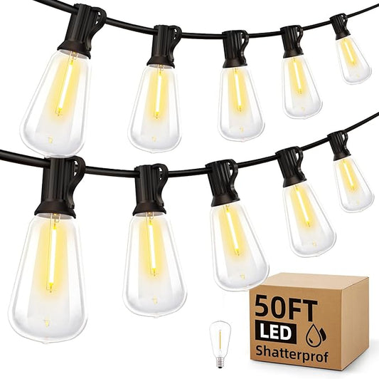 Outdoor String Led Patio Lights - 50Ft 15M Outside Waterproof Light ST38 Shatterproof Bulb Connectable Hanging Outdoor Electric Lighting for Backyard Yard Gazebo Porch Party
