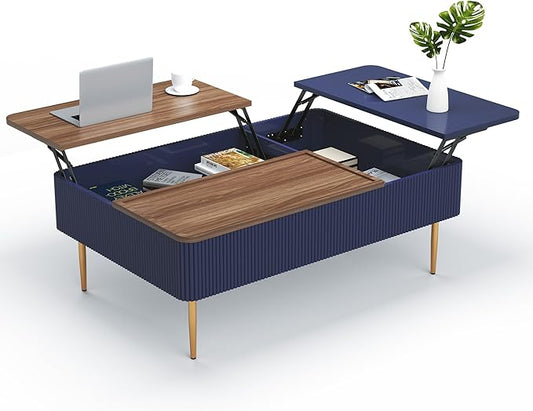 HLR 47" Dual Lift Top Coffee Table with Storage, Modern Wood Fluted Coffee Table with Hidden Compartment for Living Room, Office, Blue