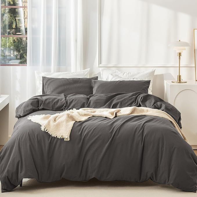 JIYUAN 100% Washed Cotton Duvet Cover Set 3 Pieces Cal King, 1 Duvet Cover 104x98 Inches(Comforter Not Included) and 2 Pillowcases,Linen Feel Bedding Set Comfy and Breathable,Solid Dark Grey