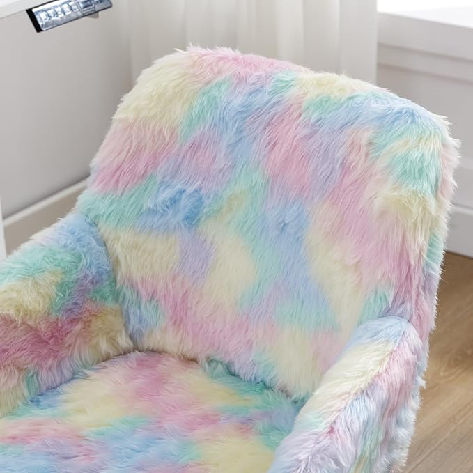 DUOMAY Kids Desk Chair, Faux Fur Colorful Upholstered Computer Chair for Boys and Girls, Cute Study Swivel Height Adjustable Arm Chair for Child, Rainbow Color