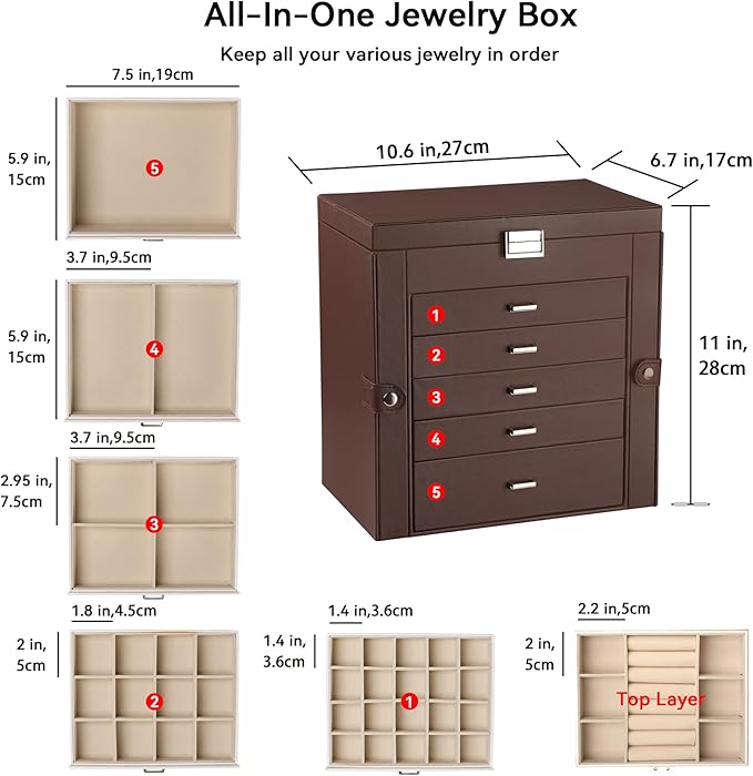 Frebeauty Large Jewelry Box,6-Tier PU Leather Jewelry Organizer,Multi-functional Storage Case with Mirror,Accessories Holder with 5 Drawers for Necklace Bracelets Watches(Dark Brown)