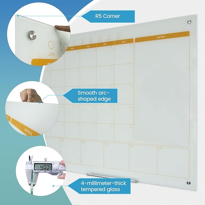 Magnetic Glass Whiteboard Calendar 48"x36" Glass Dry Erase Calender Board 36"x48" Monthly Plan White GlassBoard Wall Mounted for Office School Home (White)