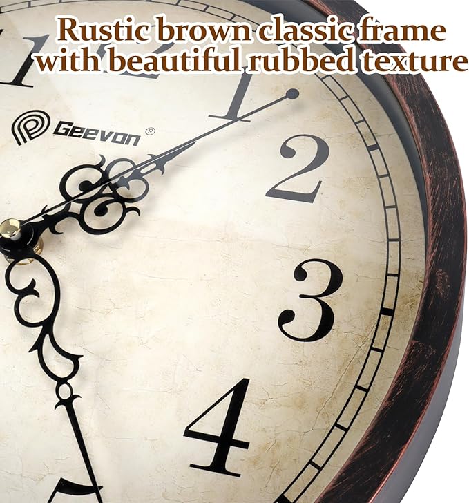 Geevon Retro Silent 12 Inch Wall Clock Non Ticking, Rustic Vintage Clock Quartz Decorative, Battery Operated Wall Clock for Kitchen/Office/Classroom/Bedroom/Living Room Decor