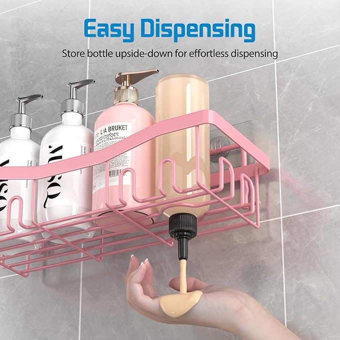 Adhesive Shower Caddy, No Drilling Bath Organizers 5 Pack, Rustproof Shelves with Soap Holder & Toothbrush Holder, Pink Bathroom Accessories Decor Set