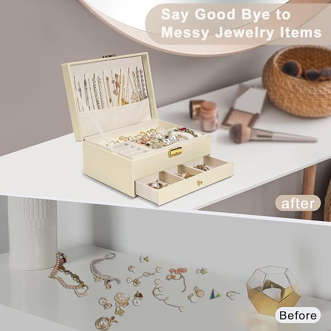 2-Layer Jewelry Box for Women, Jewelry Organizers and Storage with Removable Jewelry Tray, Vintage Quilted Top Lockable Jewelry Holder Gift Idea Apricot