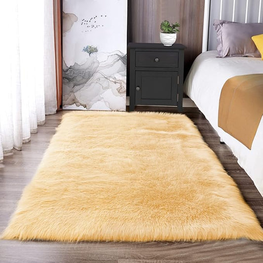 Latepis Yellow Rug for Bedroom 3x5 Area Bedside Rug Faux Sheepskin Fur Rugs for Living Room Décor Boho Rugs, Rectangle