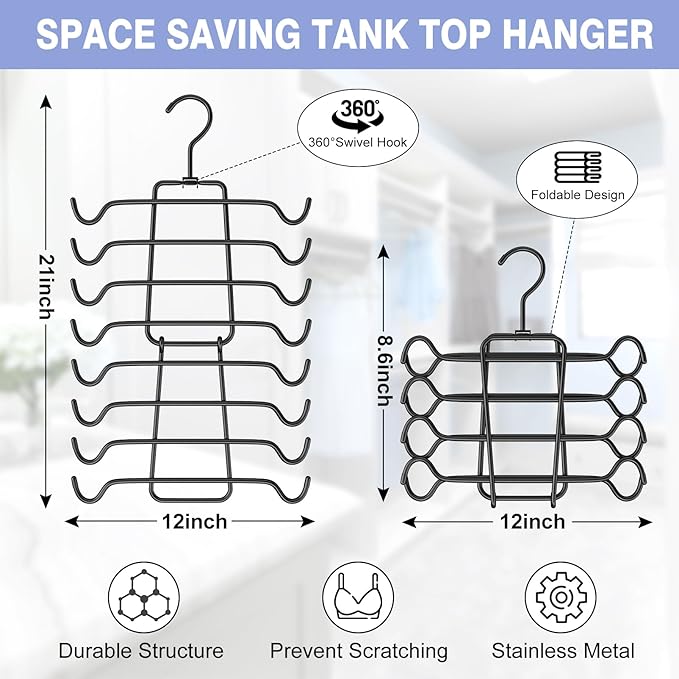 3Pcs Tank Top Hangers Space Saving Hanger Organizer Bra Hangers for Closet Organizer 360° Rotating Metal Closet Organizers and Storage Lingerie Hangers for Cami Bras Belts Swimsuits Lingeries Black