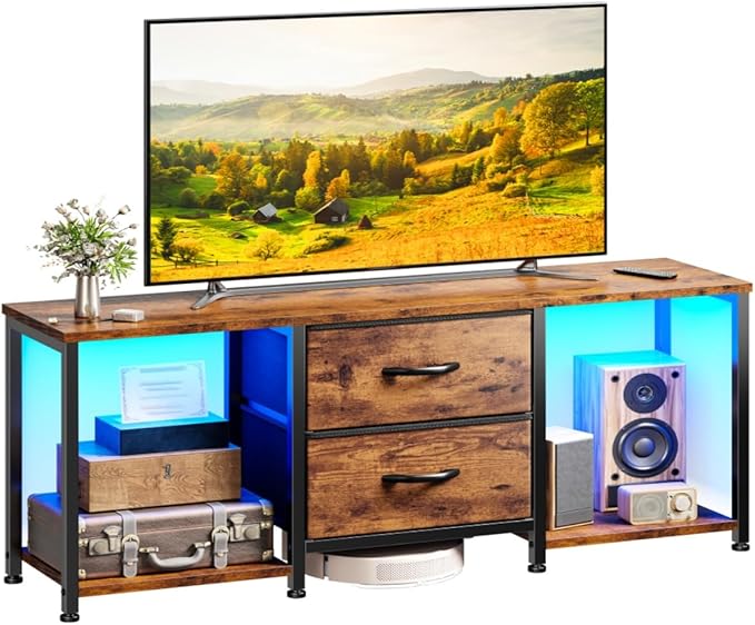 LED TV Stand Dresser for TVs up to 55 Inch, Entertainment Center with 2 Fabric Drawers and 2 Open Storage Shelves, Coffee Table Television Stands for Living Room, Bedroom, Wood Top, Rustic Brown