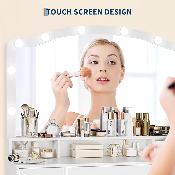 White Makeup Vanity Desk with LED Lights and Stool, Complete Dressing Table with 3 Drawers, 2 Cabinets & Long Shelf, Storage Organizer for Bedroom, Women and Girls