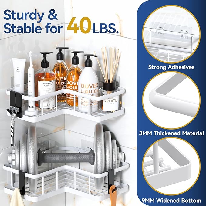 YASONIC Corner Shower Caddy Organizer, 5-Pack Self-Adhesive Rustproof Bath Shelves with Soap Holder & 4 Hooks, Large Capacity Shower Storage Rack for Bathroom Organization, White