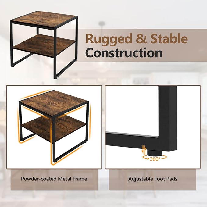 GOFLAME Square End Table Set of 2, 2-Tier Sofa Side Table with Open Shelf, Metal Frame, Industrial Tea Table, Compact Nightstand for Small Space, Bedside Table for Living Room, Bedroom, Rustic Brown
