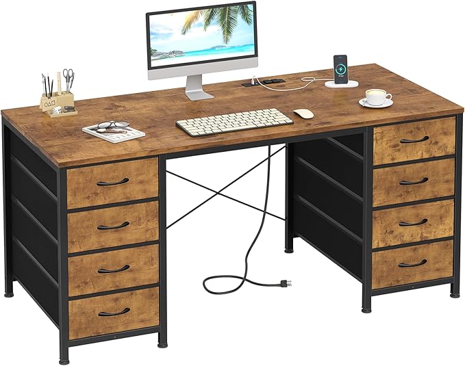 50 Inch Computer Desk with 8 Drawers, Home Office Desk with Power Outlets, Work Study Gaming Desk with 8 Fabric Drawers, Rustic Brown