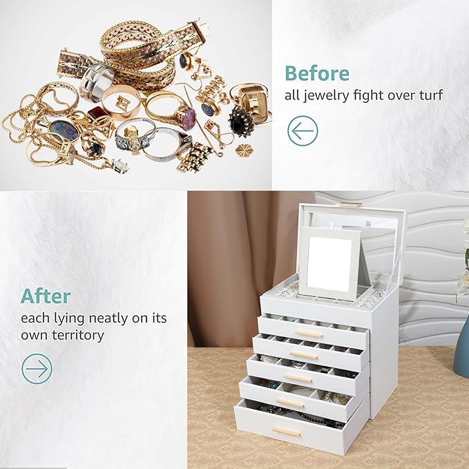 BOOVO Jewelry Box for Women, Black 6 Layer Large Jewelry Organizer with Glass Lid for Necklace, Bracelet, Earrings, Rings Storage, Jewelry Organizers and Storage for Womens Gift (Clear White, 6 layer)