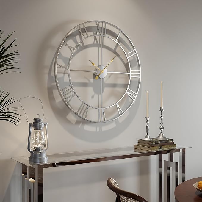 30 Inch Large Wall Clock, Modern Silver Metal Big Decorative Wall Clock Home Decor, Battery-Operated Roman Numeral Analog Metal Round Wall Clocks for Living Room, Bedroom, Office