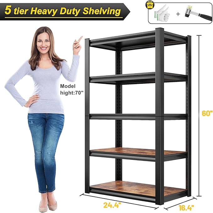 REIBII Storage Shelves 2500LBS Metal Shelving Adjustable Garage Shelving 5 Tier Garage Storage Shelves for Closet Kitchen Pantry 24.4''W X 16.4''D X 60''H