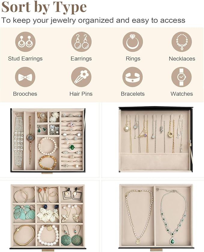 Amearea Jewelry Box Organizer for Women Girls with Mirror, 3-Layer Large Jewelry Storage Case, Synthetic Leather Jewelry Holder Organizer with Removable Tray for Necklaces Earrings Rings, Black